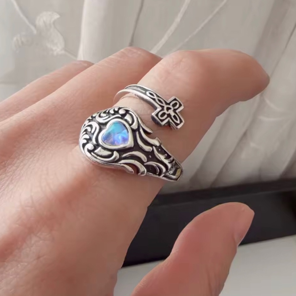 Sterling Silver Moonstone with Cross Heart Adjustable Ring